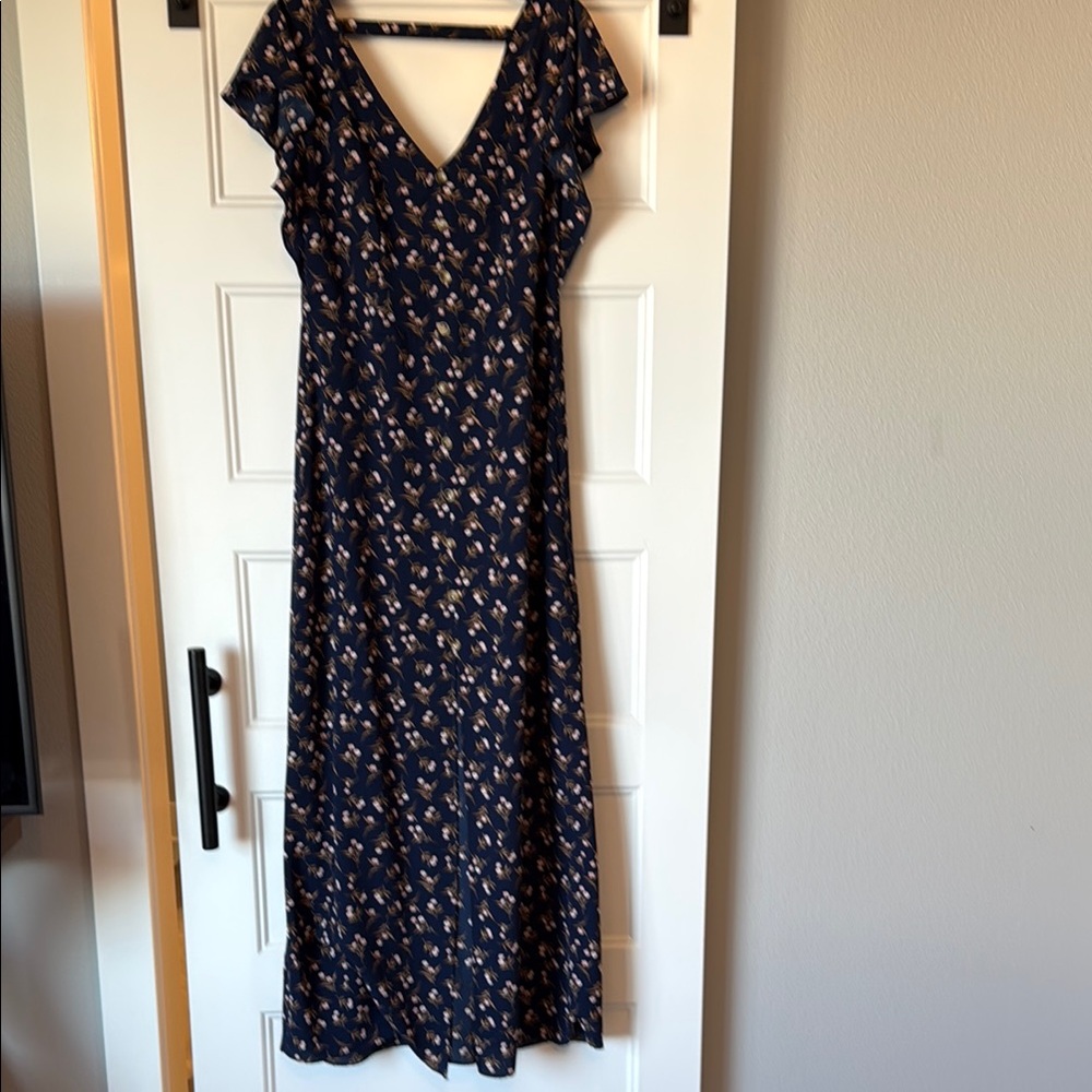 Iz Byer Navy Blue Maxi Floral Sundress V-Neck Flutter Sleeve & Front Slit